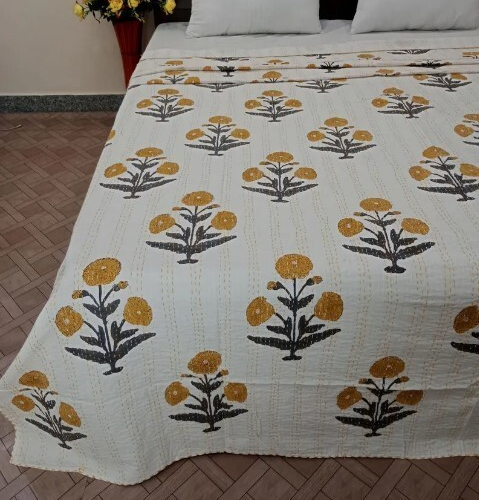 Indian Handmade Kantha Quilt White Hand Block Print King Size Bedspread Blanket - Picture 1 of 3
