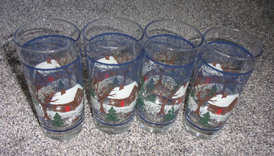 4 TIENSHAN FOLKCRAFT CABIN IN THE SNOW 16 OZ GLASS TUMBLERS