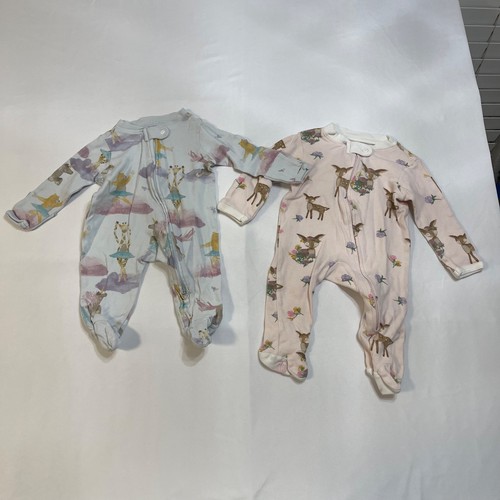 Lot of 2 Burt's Bees Baby Organic Cotton Newborn Footed Zip Pajamas Deer Giraffe