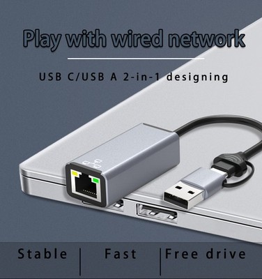 2 in 1 USB A / Type C to RJ45 LAN Network Card 1000Mbps Gigabit Ethernet Adapter