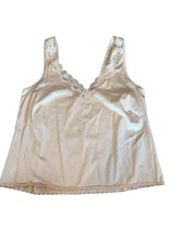 Vintage Pink Satin Nylon Camisole Top 36 Made in USA Lace Trim V-Neck Lingerie