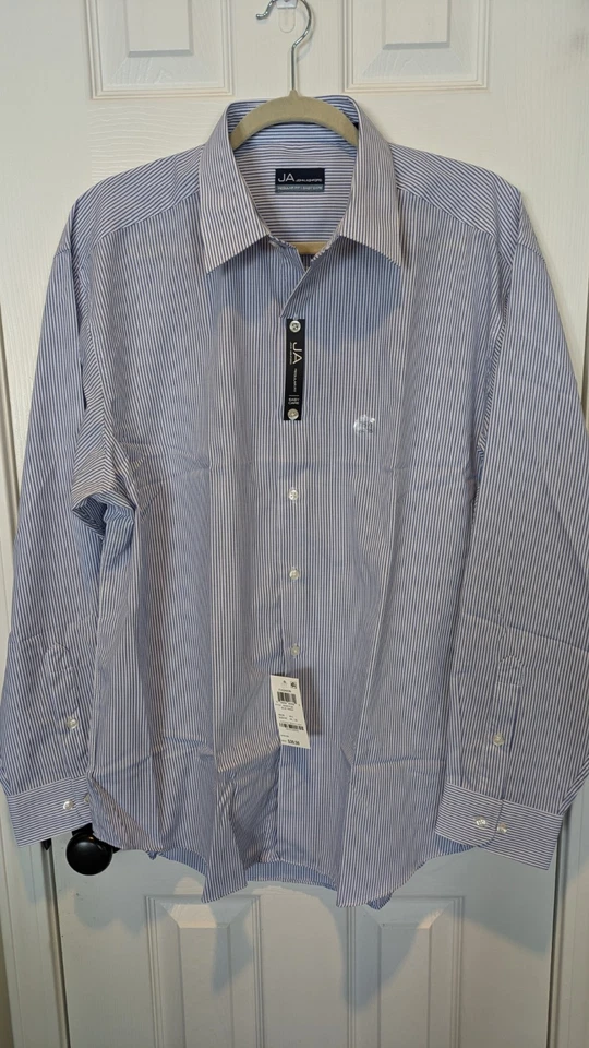 Camisa JA John Ashford, Nueva con Etiquetas, Talla 16.5, Blanca con Rayas Azules. Cuidado fácil, ajuste regular Foto 2 de 4