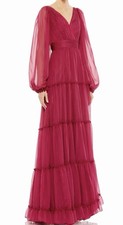 Mac Duggal Berry Ruffle Tiered Long Puff Sheer Sleeve A-Line Gown Size 16 NWT