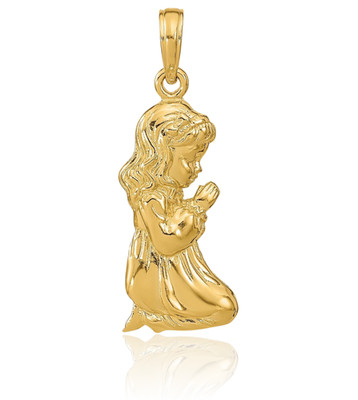 14K massiver Gelbgold großer betender Mädchen Anhänger Halskette 26,45 mm 1 Zoll