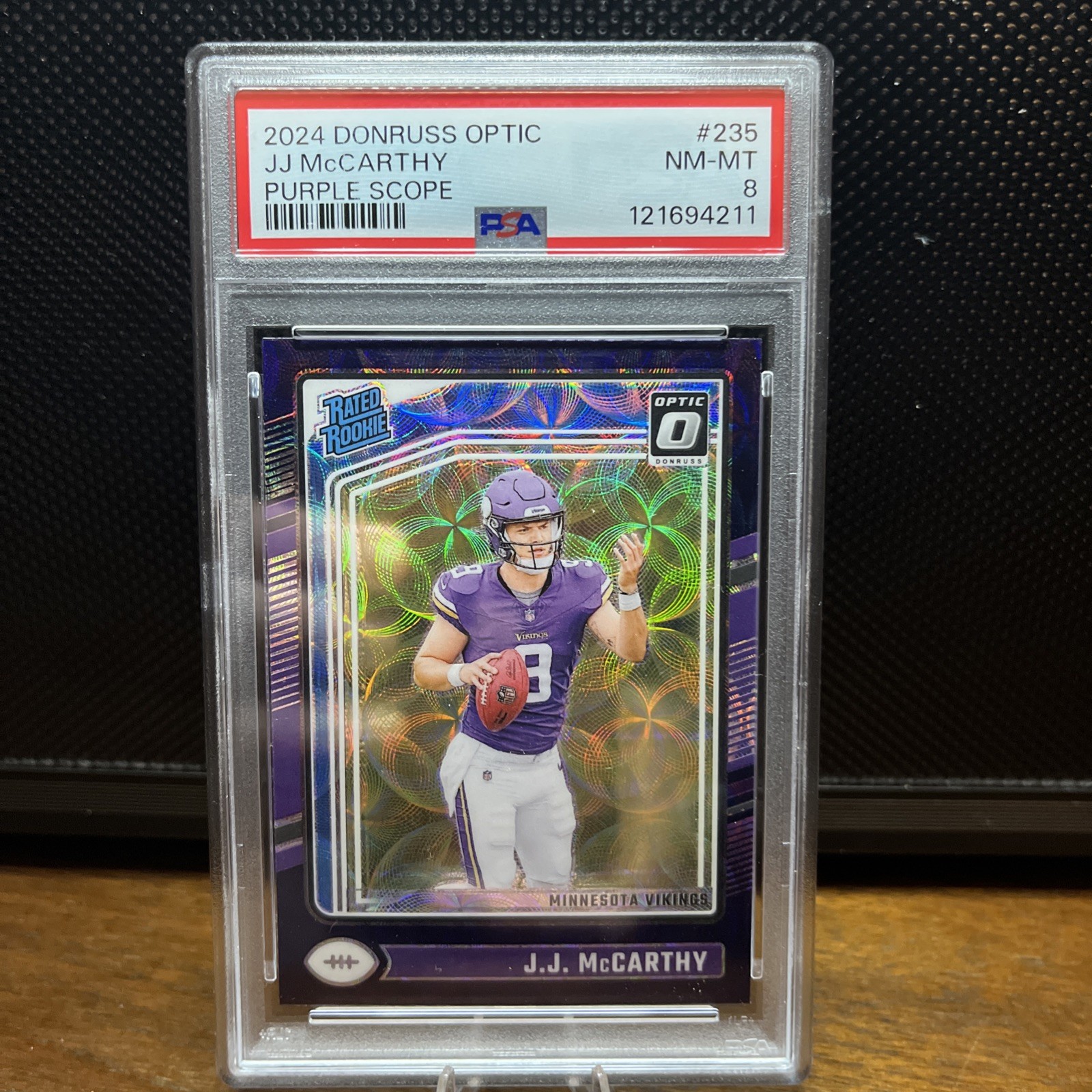 2024 Donruss Optic JJ McCarthy #235 Rated Rookie Purple Scope COLOR MATCH PSA 8