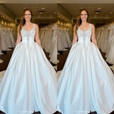 Beaded Wedding Dresses White Ivory Satin Sleeveless Sweep Train Bridal Gowns