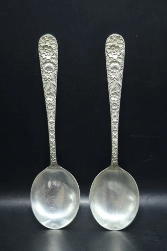 2 - S Kirk & Son Sterling Silver Repousse Soup Spoons, 66.9 Grams TWT