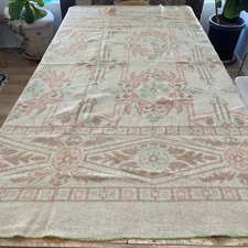 Woven Wool Tapestry Throw Blanket 69 x 80 in Turkish Inspired Tan Green Pink