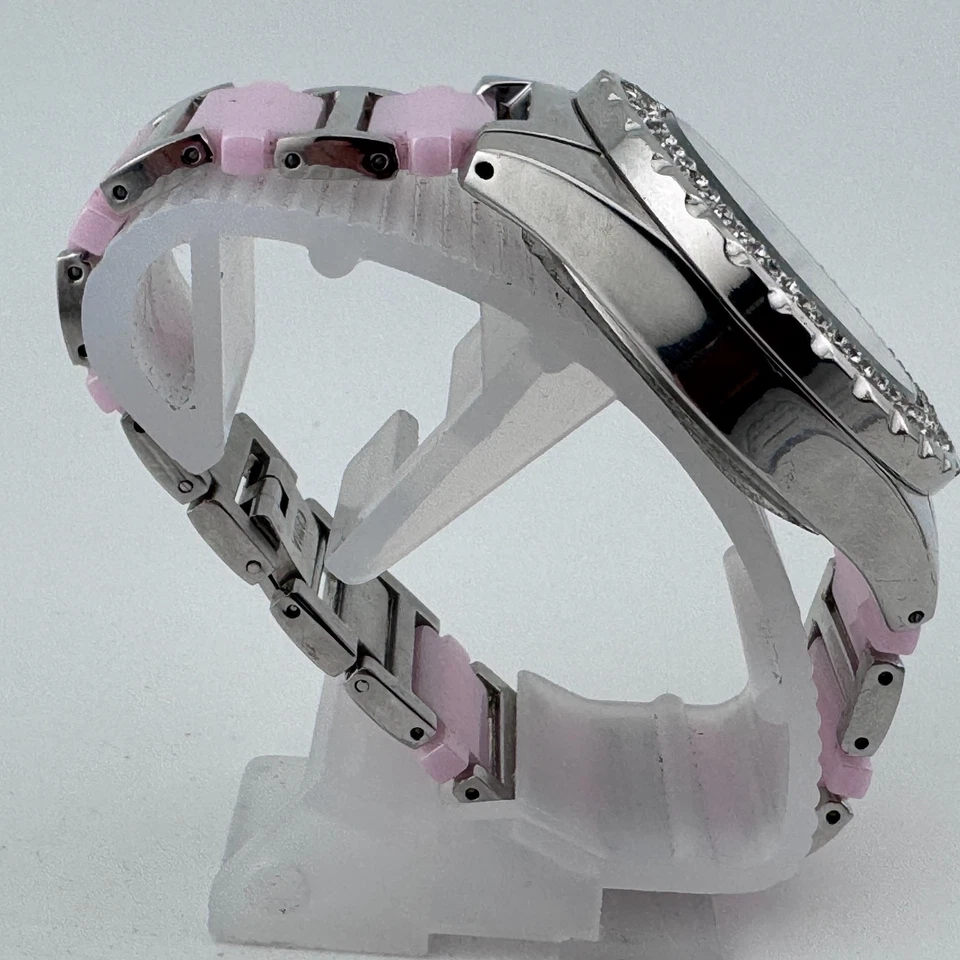 Akribos relógio de quartzo feminino prata rosa cerâmica strass analógico nova bateria - Imagem 3 de 4