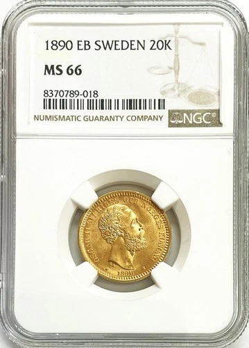 1890 EB GOLD SWEDEN 20 KRONOR OSCAR II COIN NGC MINT STATE 66
