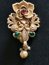 Vintage Matte Gold Peacock Vintage Indian Saree Pin with Kemp Stones and Pearl