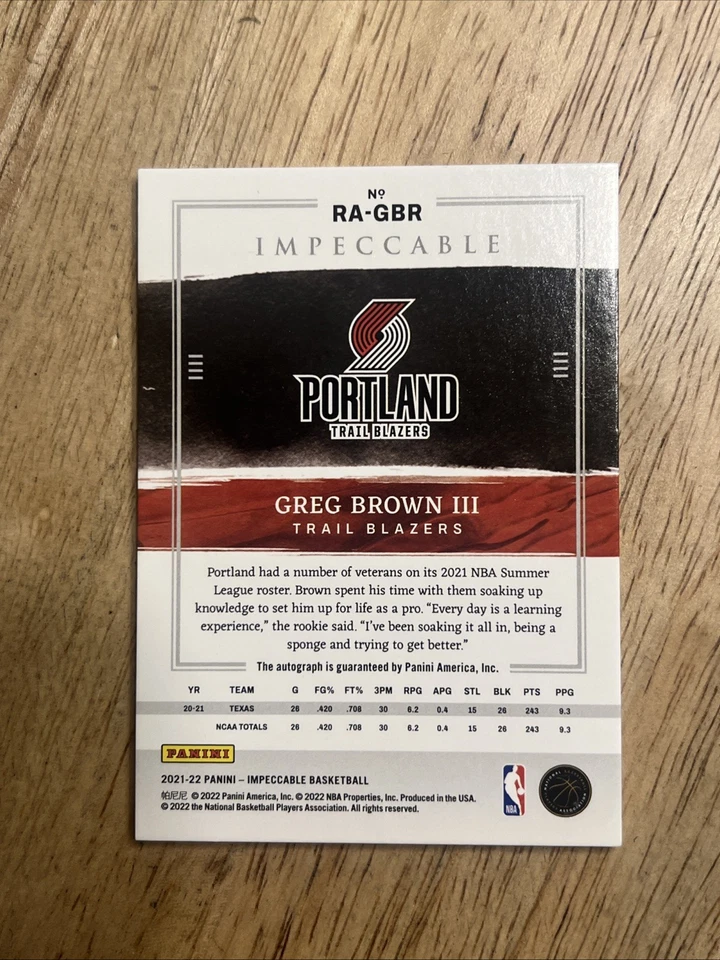 Greg Brown III 2021-22 Panini Impeccable Rookie Auto RA-GBR /99 Portland Blazers - Image 3 of 3