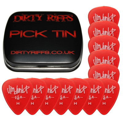 12 x Dunlop Gele Gitarren-Plektren/Gitarrenplektren - rot schwer in einer handlichen Plektren-Dose