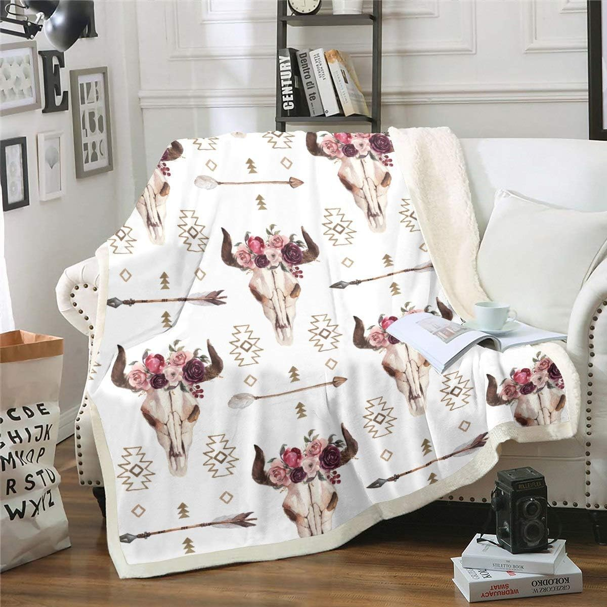 Bull Skull Throw Blanket Girls Women Boho Arrow Floral Blanket Bohemian Wild Ani