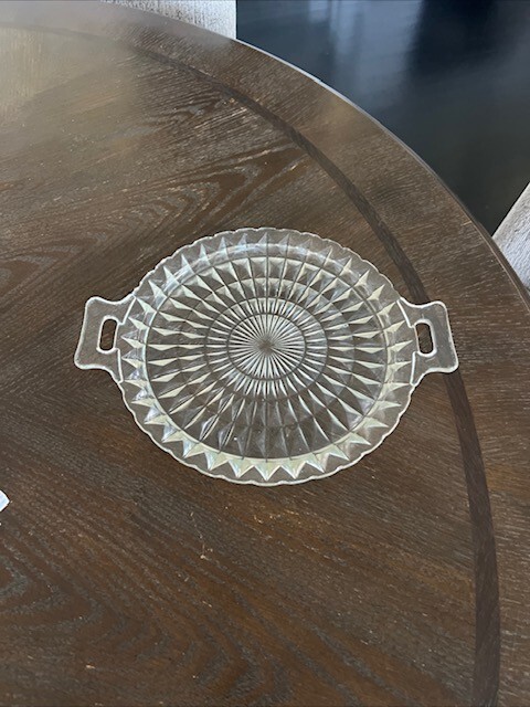 Vintage Depression Clear Glass Crystal  PLATTER Cubist Design 2 Handled 10" Dia