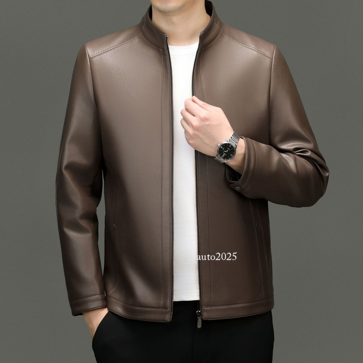 Mens Stand Collar Short Coat Jacket Faux Leather Zipper Casual