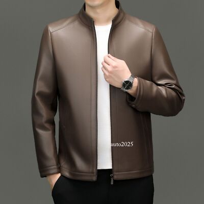 Mens Stand Collar Short Coat Jacket Faux Leather Zipper Casual Spring  Winter New