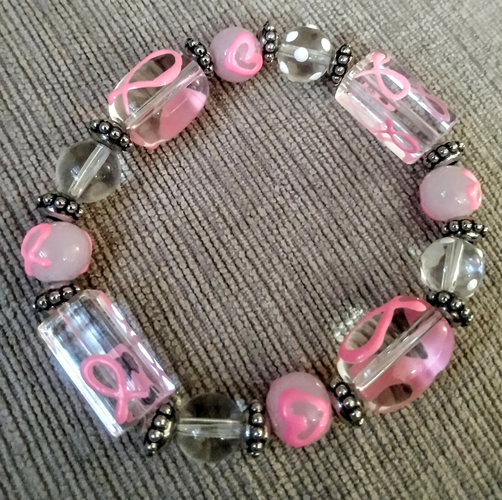 Breast Cancer Awareness stretch Bracelet. Clear acrylic beads/silver