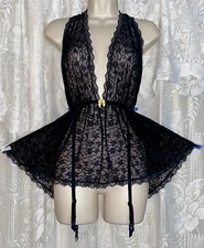 VTG XL Victoria's Secret Black Lace Halter Top NIGHTIE Bustier Corset w GARTERS