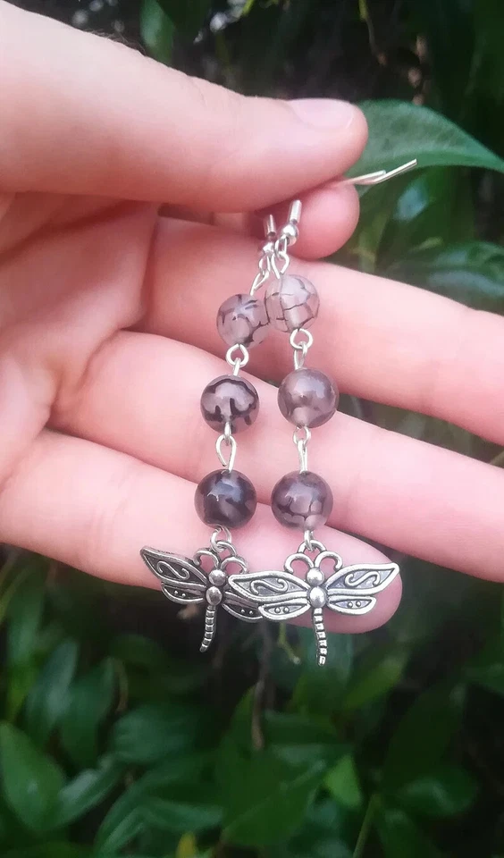 ORECCHINI LIBELLULA IN AGATA NATURALE DRAGON VEINS E ARGENTO ORECCHINI DRAGONFLY - Immagine 2 di 4
