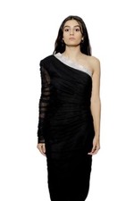 Versace 2018 One shoulder tulle Swavoski Trim Midi Dress Black 48