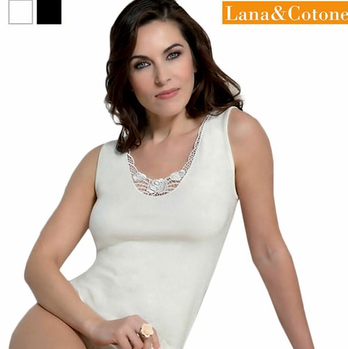 3 Canottiere donna Trevi spalla larga in lana cotone con bordo pizzo art  141 | eBay