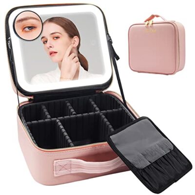 Travel Makeup Bag Cosmetic Case with LED Lighted Mirror and Adjustable Dividers