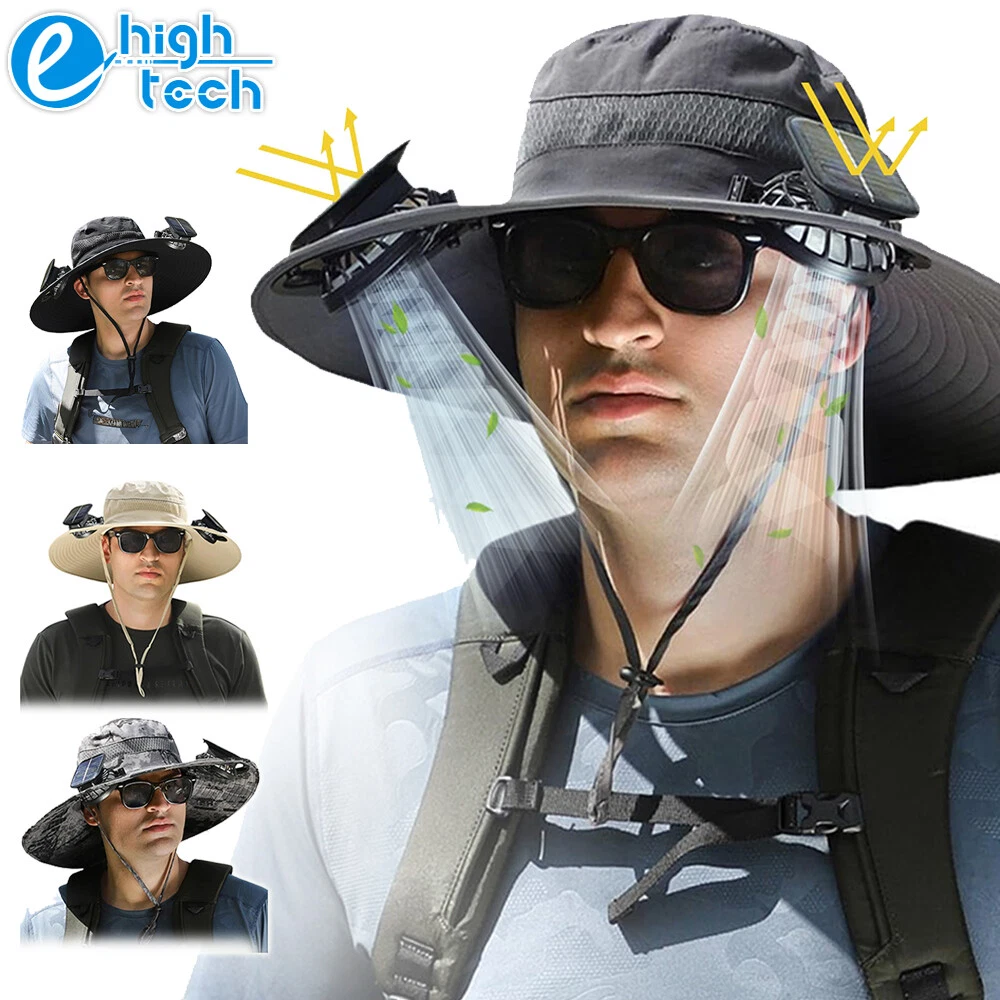 Outdoor Wide Brim Sun Hat w/ 2 Solar Fan UV Protection fr Hiking Camping Fishing