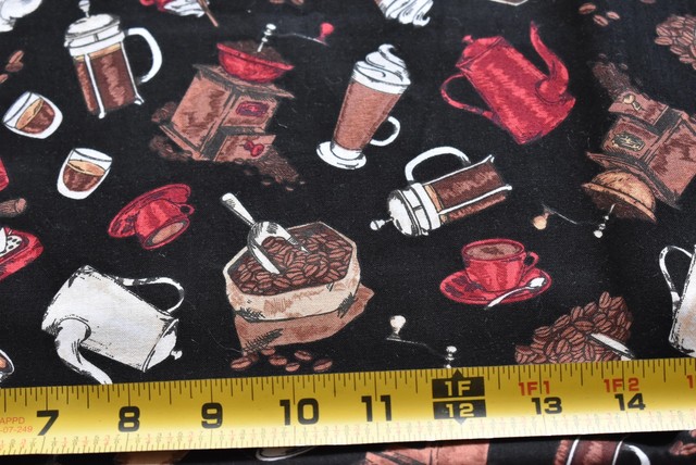 By 1 2 Yd Coffee Paraphernalia On Black Fabric Timeless Treasures