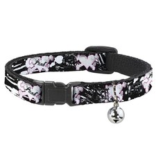 Cat Collar Breakaway with Bell Punk Heart  Cross Bones w/Splatter Black/White N