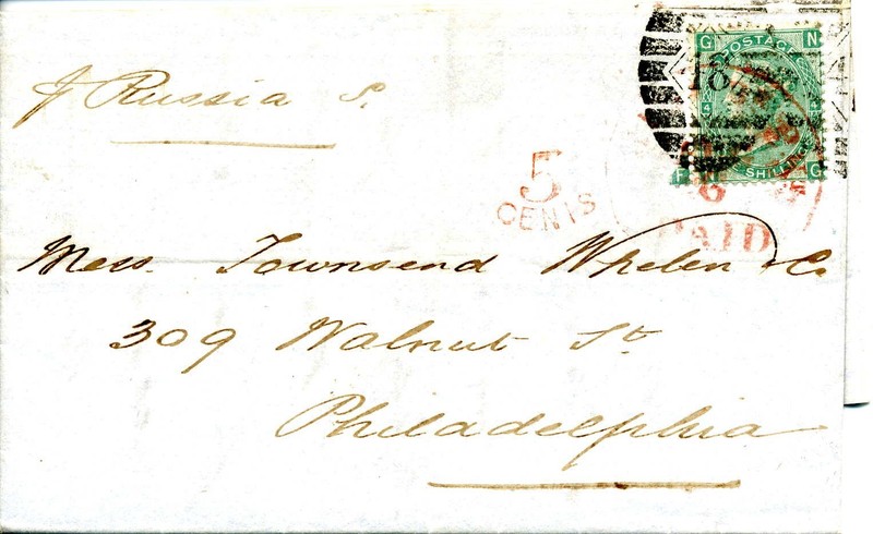 1867 Folded Letter from London to Philadelphia, 1 schilling green(SG101)