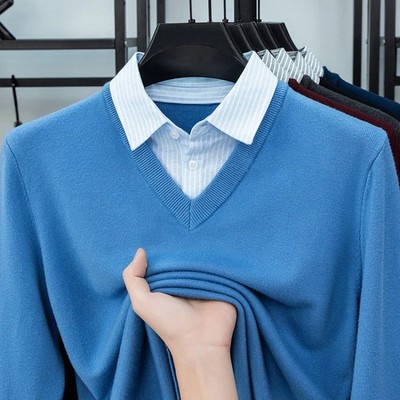   Men's Shirt Collar Knit Sweater - Light Blue (6 Colors)  Faux Two-Layer Design