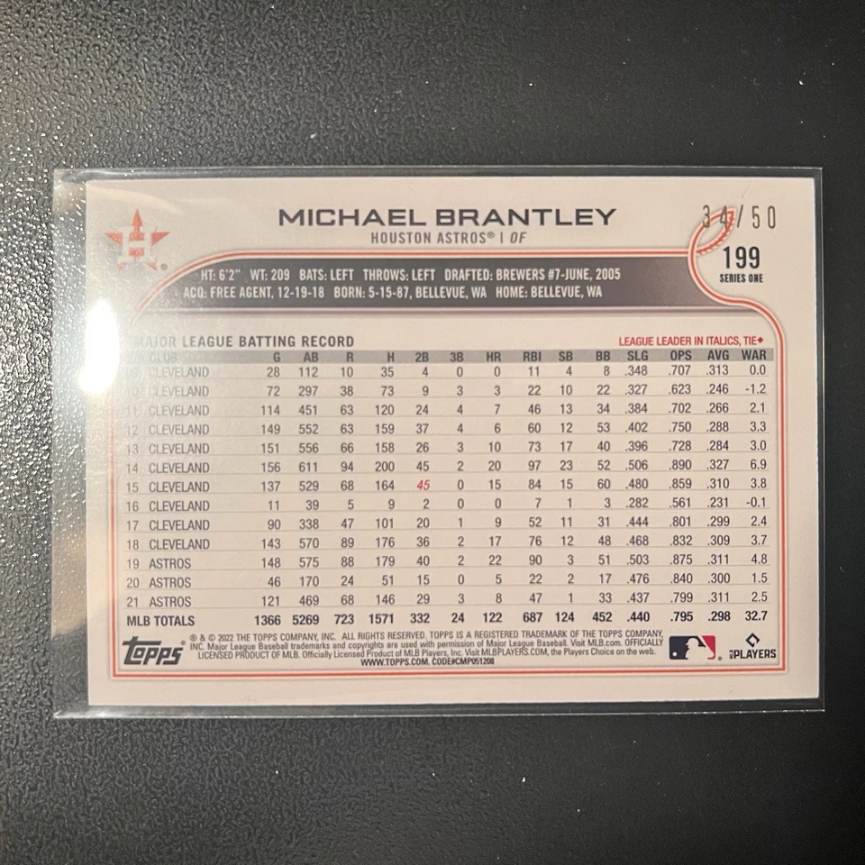 2022 Topps 1st Edition Michael Brantley Red Foil Parallel #199 Houston Astros - Image 2 of 2