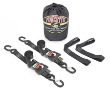 PowerTye 1.5in x 6ft Ergonomic Ratchet Tie-Down Kit w/Latching Hooks, Soft-Ty...