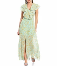 Sachin + Babi NWT Annemarie Ruffle Maxi Toile du Jouy Maxi 6 Blue Yellow Floral