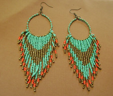 NWOT- LONG NATIVE BOHO MULTICOLOR SEED BEADED TASSEL HOOP PIERCED EARRINGS