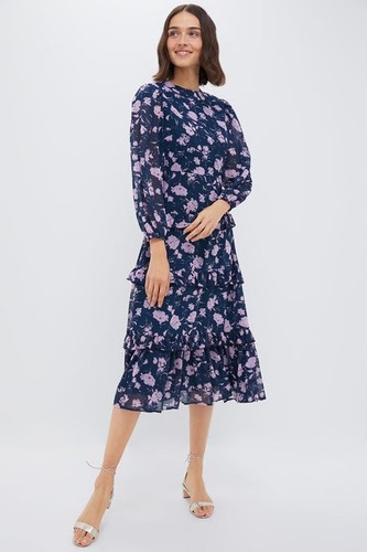 Hyacinth House Navy & Blush Abstract Floral Rosalind Ruffle Midi Dress Sz L