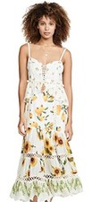 FARM Rio Women’s White Floral Sunflower Maxi Dress Lace Ruffle Zip Back Sz XS