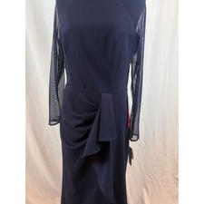 Betsy  Adam Navy Blue Mesh Sleeve Ruffle Front Slit Gown Dress Size 12 NEW
