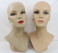 2 Vintage Fiberglass Mannequin Head Wig Display Painted Eyes Halloween Bust