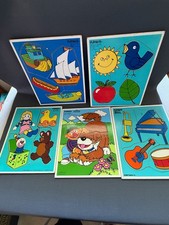 VTG 80s Playskool Golden Wooden Puzzles Lot of 5 Disney Sesame Kids