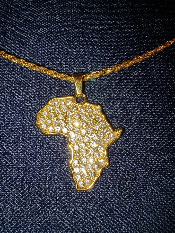 Halskette Damen Herren Schmuck Afrika Karte Anhänger Goldfarben und Edelsteine - Bild 2 von 2