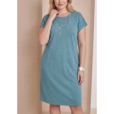 Pure Jill Shirt Dress XL Blue Organic Cotton Floral Embroidered Slub Knit Pocket