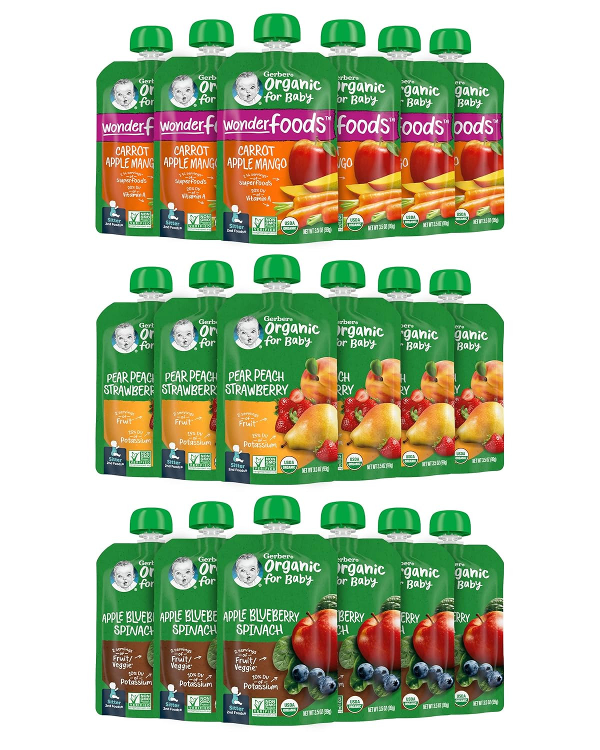 Organic Baby Food Pouches, 2nd Foods for Sitter, Fruit & Veggie Variety Pack, 3.