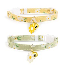 2 Pack Cotton Breakaway Cat Collar with Bell Yellow Green Flowers Pendant Cut...