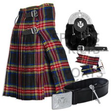Scottish Men's Outfit Black Stewart Tartan Kilt Set - 09 Pieces Kilt Accessories