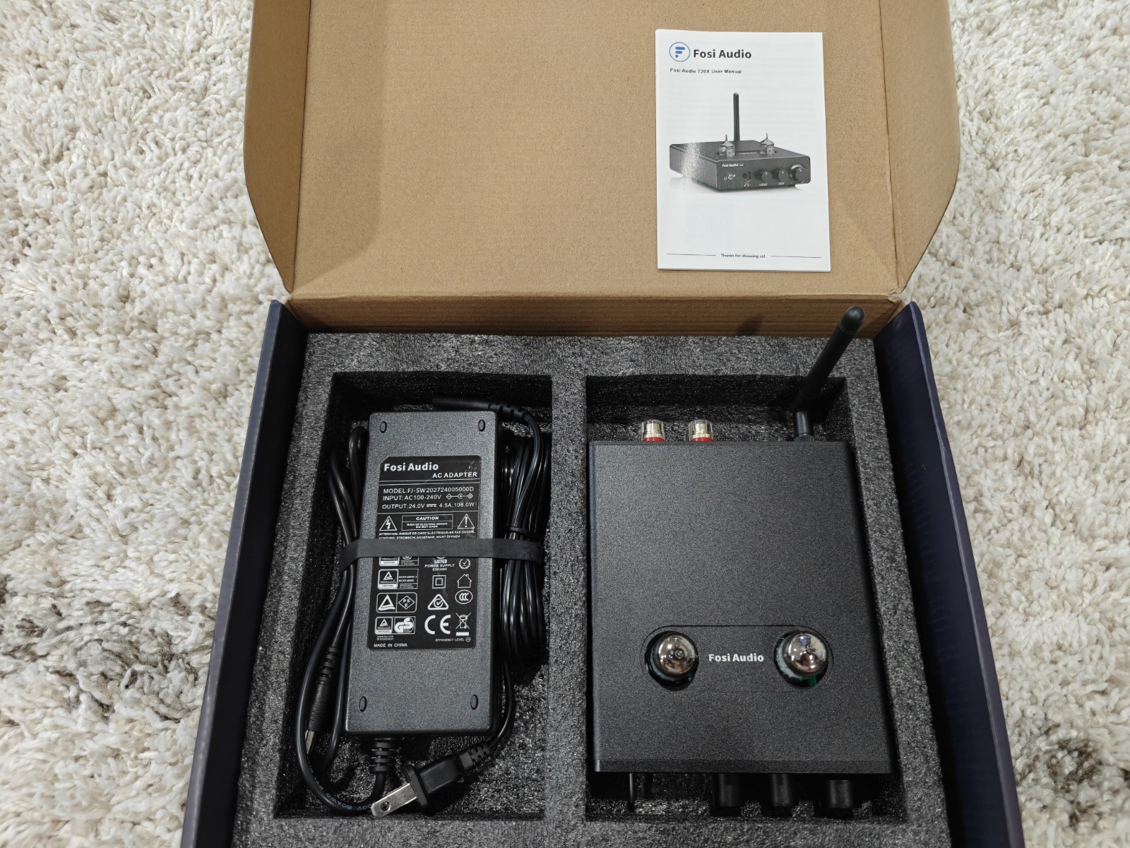 Fosi Audio T20X Bluetooth Tube Amplifier with 5725W Tubes and 24v 4.5a adapter