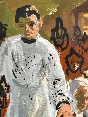 Dessin ancien Jean Terles 1930 gouache scène animé sur papier Messe Curé fidèle - Photo 1/4