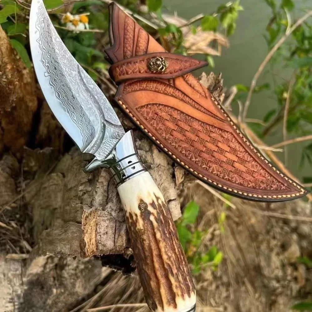 Handmade Damascus Steel Blade Stag Handle Hunting Knife| Fixed Blade Bowie Knife