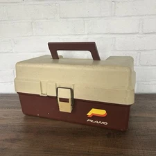 Vintage Plano Fishing Tackle Box Tan Brown Two Trays Plastic Travel Organizer